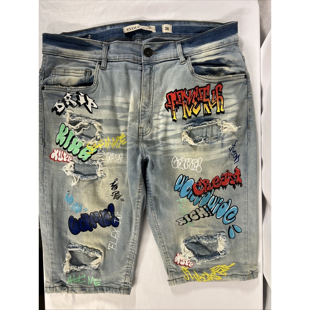 Evolution In Design Jean Shorts Men's 36 Blue Denim Graffiti Y2K Distressed‎